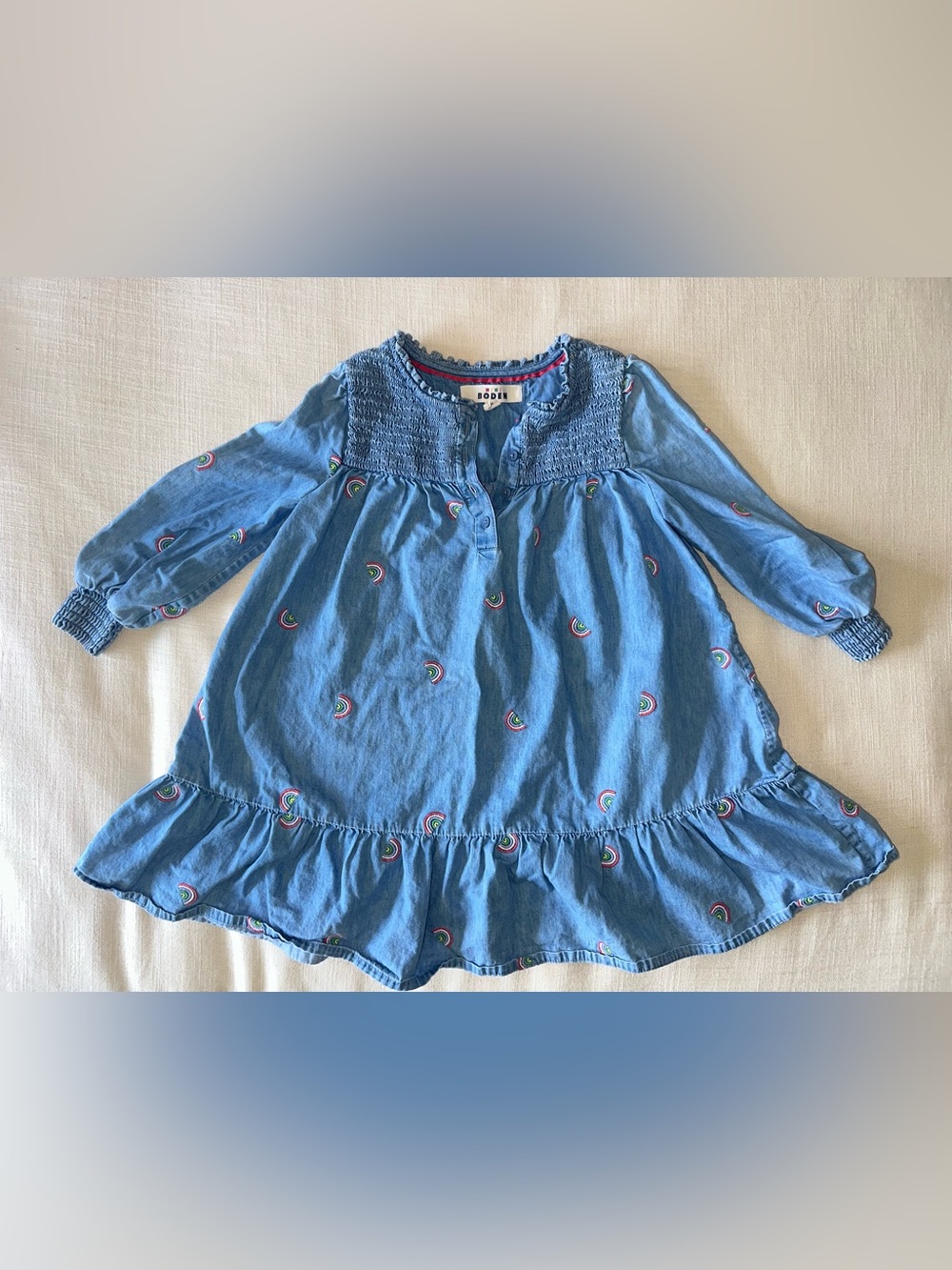 Mini Boden Girls Rainbow Embroidered Chambray Shirred Cotton Dress